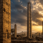 Obelisk of Antiquity: Breathtaking Axum Stelae Dawn Canvas Art
