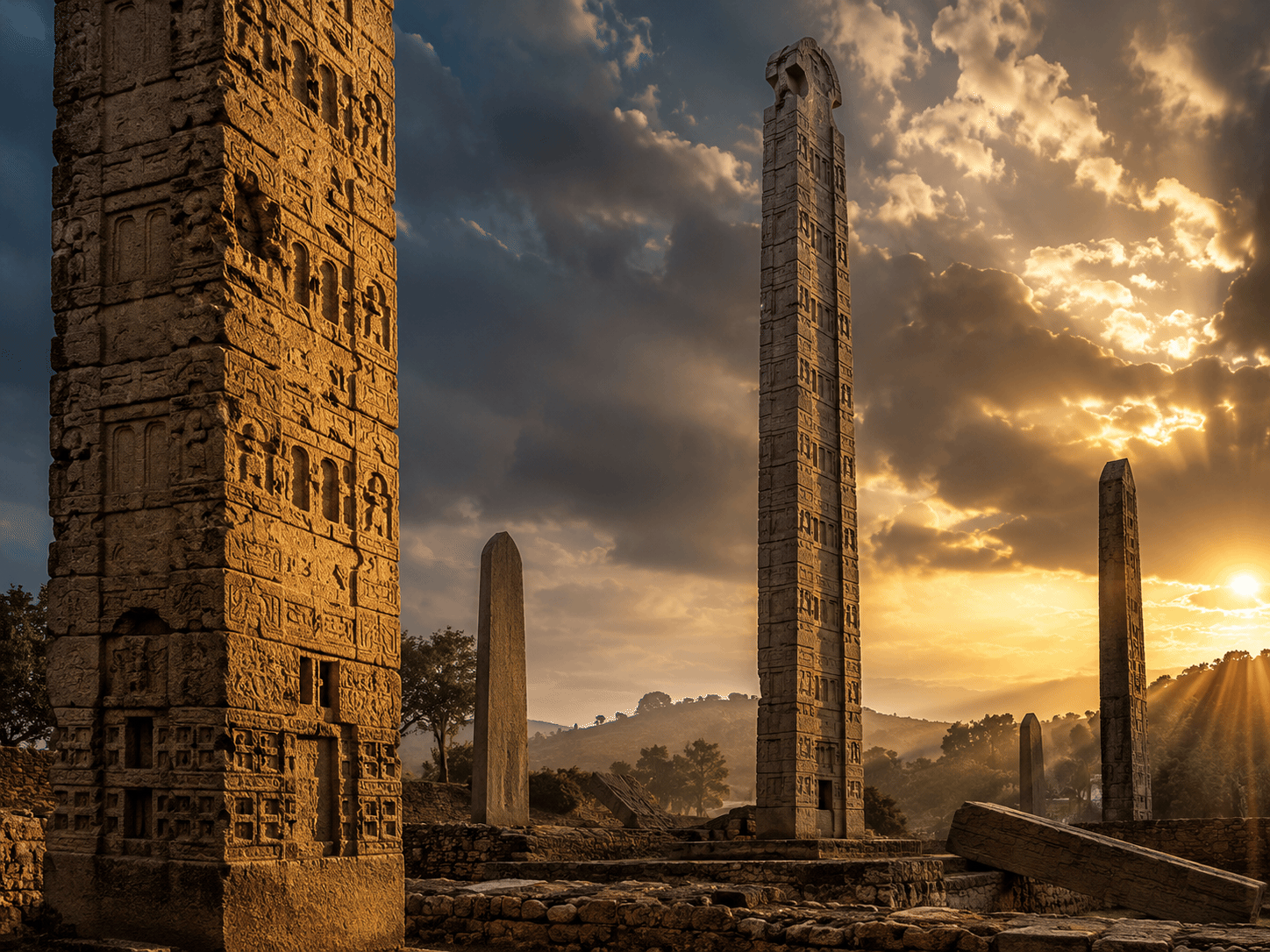 Obelisk of Antiquity: Breathtaking Axum Stelae Dawn Canvas Art