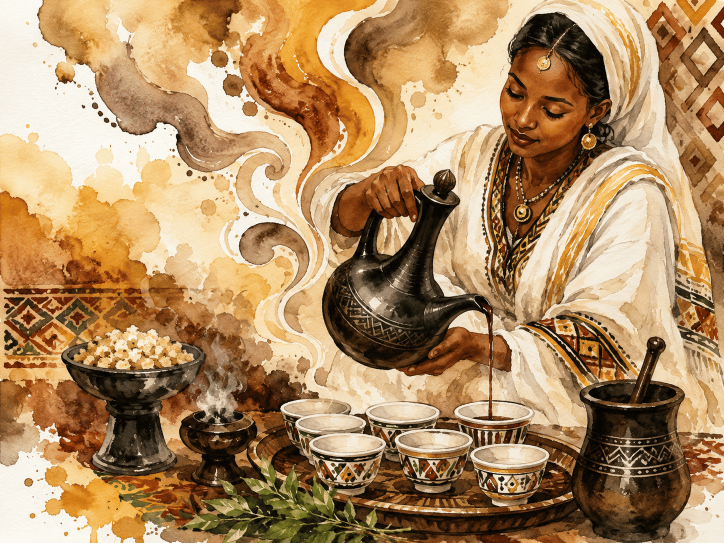 The Jebena Ritual: Luxury Watercolor Coffee Ceremony Canvas
