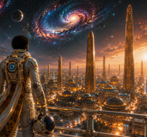 Neon Obelisk Skyline Afrofuturist Portrait